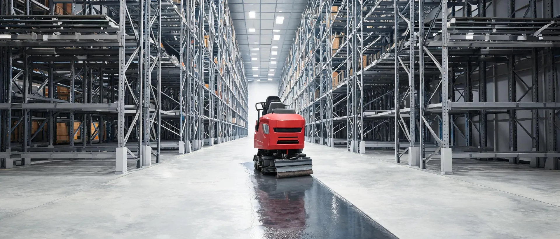 Hako ride-on floor scrubber in an industrial logistics facility