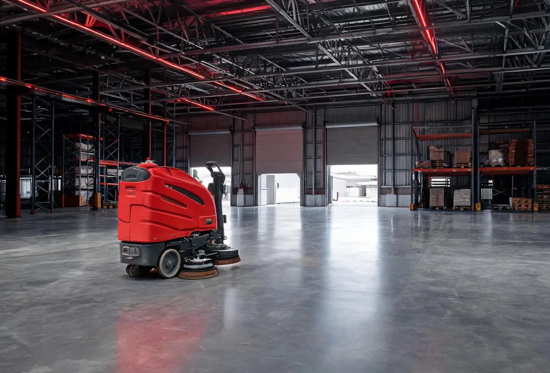 Hako cleaning machine moving between industrial floor environments